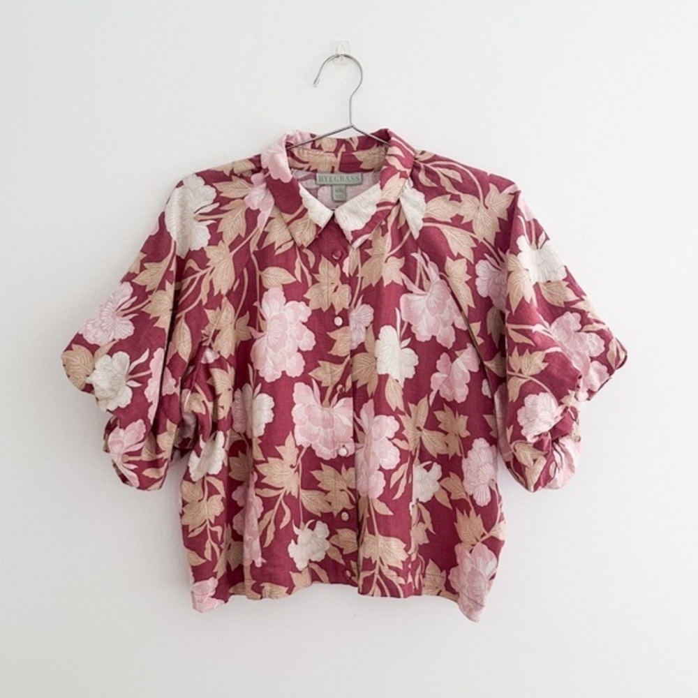Ryegrass Floral Button-Up Blouse in Burgundy and Cream